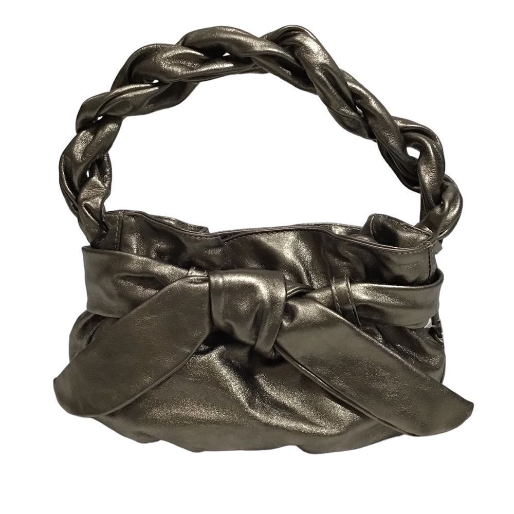 Furla Leather Gold Metallic Hobo Bag Braided Strap Bow Mini Handbag